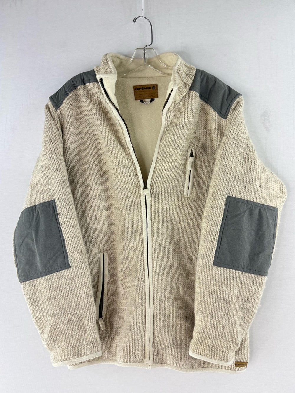 Laundromat Cream Zip-Up Wool Sweater with Gray Elbow & Shoulder Patches